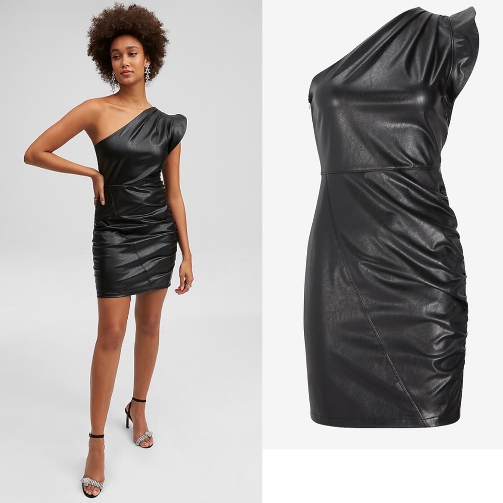 Faux Leather One Shoulder Ruched Mini Dress Sz S